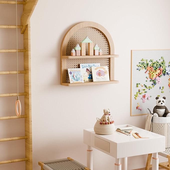 Rattan Wall Shelf Boho Nursery Decor, 2-Tier Arched Woven Natural Wood Wicker, 16''L Neutral Handcrafted Rattan Nursery Shelf, Decorative for Living Room, Bedroom & Bathroom