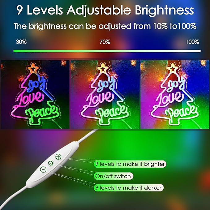 KHK JOY LOVE PEACE Neon Sign CHRISTMAS TREES Led Neon Pink Lights for Bedroom Led Sign USB Powered for Wall Decor Dimmable for Christmas Thanksgiving Birthday Party Girls Gifts