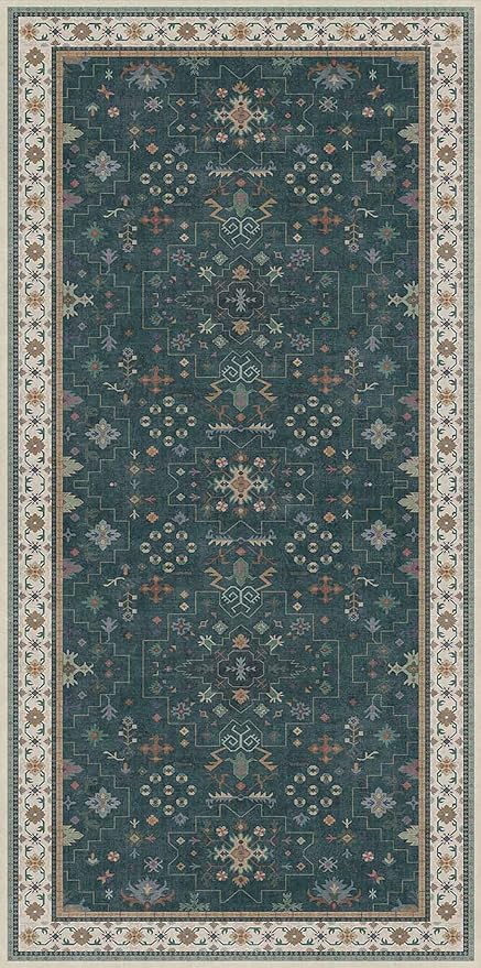 Dark Green Oushak 3x6 Kitchen Rug - Modern Vintage Boho Floral Moody, Washable Low Pile Non-Slip Area Rugs for Large Entryway, Door Mat Indoor Entrance, Kitchen, Bedroom Beside Bed