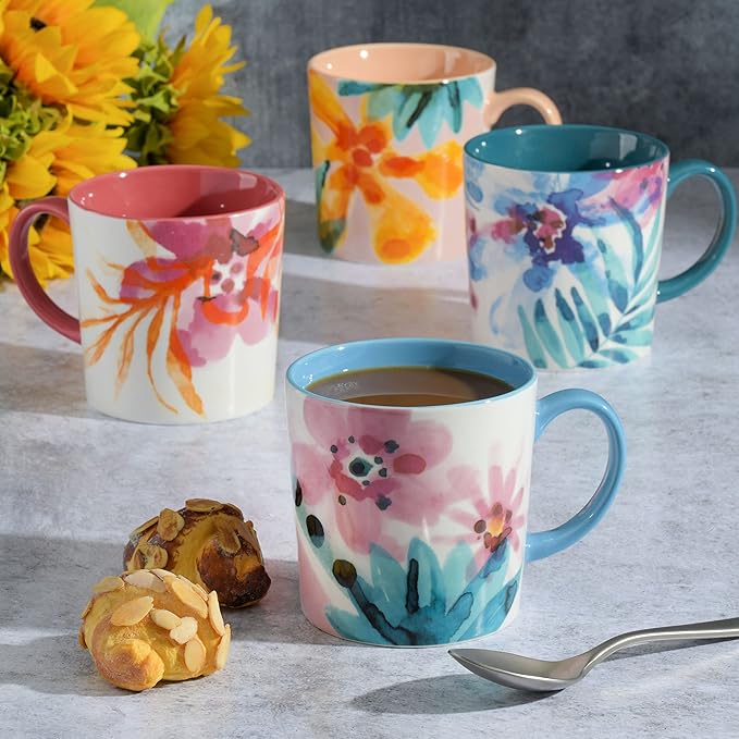 Spice by Tia Mowry Floral Garden 4 Piece Large 17OZ Decorated Porcelain Mug Set Multicolor