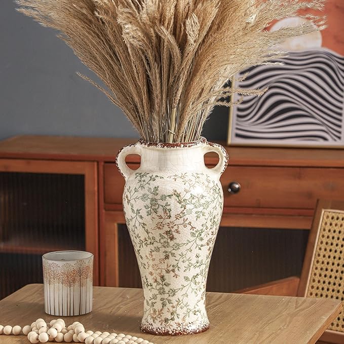 Enra Farmhouse Vintage vase with Handle,12.6 in Ceramic Chinoiserie Floral Vase,Green and Beige Decorative Flower vase,Large Rustic Vases for Home Decors, Living Room, Bookshelf, Office