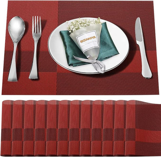Placemats Set of 12,Washable,Heat and Stain Resistant Indoor/Outdoor Place mats, Vinyl Woven Non Slip Table Mats for Restaurant Table Protection, PVC Table Placemats.(red, 12PCS)