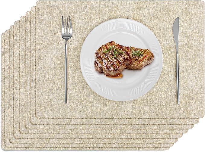 Softalker Faux Leather Placemats Set of 8-Vinyl Heat Resistant Place Mats, 100% Waterproof Oilproof Wipe Clean Table Mats for Indoor & Outdoor Use, 17’’×12’’, Beige