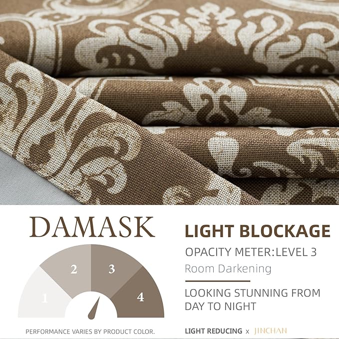 jinchan Room Darkening Curtains for Bedroom Brown Damask Patterned Curtains 63 Inch Length for Living Room Linen Textured Vintage Drapes Medallion Window Treatments Grommet Top 2 Panels Set