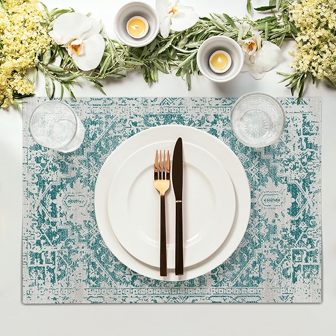 Gray Teal Boho Placemats Set of 4 Ethnic Bohemian Carpet Place Mats Washable Kitchen Dining Vintage Grey Geography Floral Linen Table Mats Stain Heat-Resistant Cloth Tabel for Home Party 12x18 in