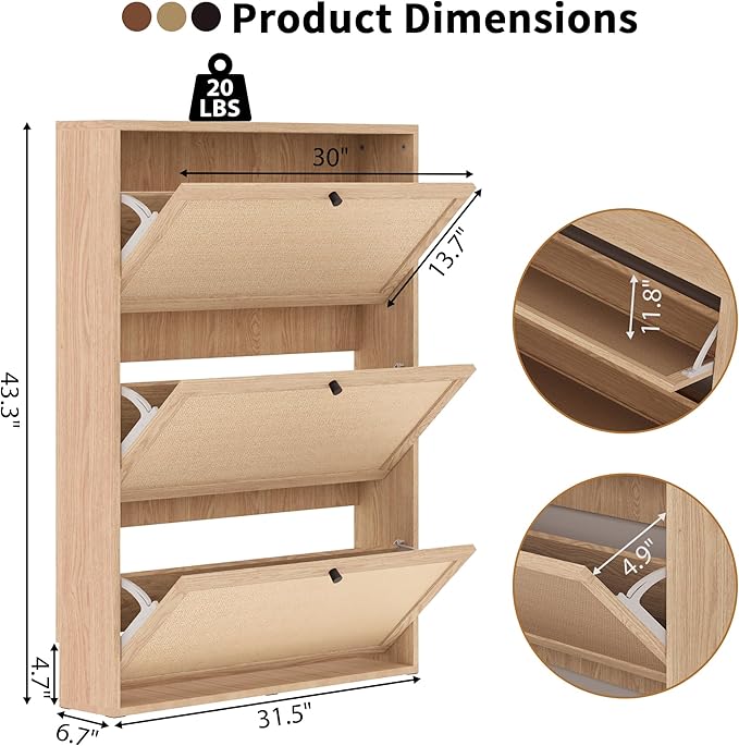 AVZEAR Narrow Shoe Storage Cabinet for Entryway with Natural Linen Panel, Freestanding Slim Shoe Cabinet with 3 Flip Drawers, Wood Shoe Organizer Closed Shoe Rack for Hallway, Living Room(Natural)