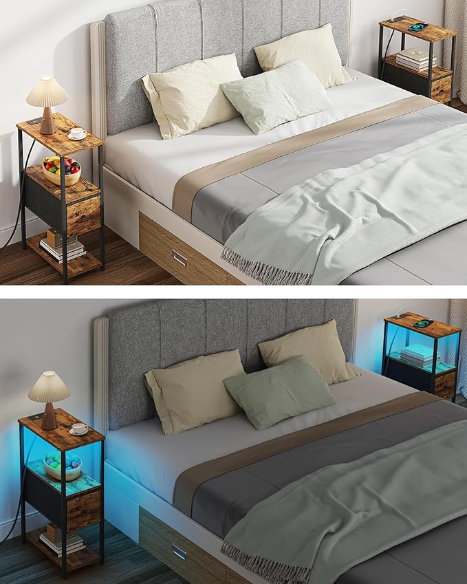 TUTOTAK Small Narrow LED End Table with Charging Station, Side Table Outlets, Nightstand with Cloth Drawer, Set of 2, Couch Table, for Living Room, Bedroom, Bedside, Brown TB01BB059