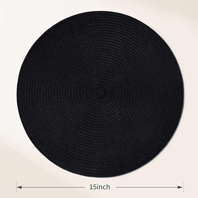 FunWheat Round Braided Placemats Set of 6 Place mats for Dining Tables Woven Heat Resistant Table Mats 15 inch (Black,6pcs)
