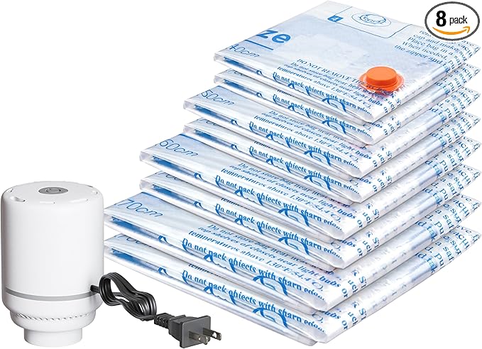 Vacuum Storage Bags with Electric Air Pump 8 Combo (2 Jumbo/2 Large/2 Medium/2 Small), Plastic Packaging Bags,Travel Vacuum Bags For Luggage,Clothes, Pillows, Comforters, Blankets, Bedding