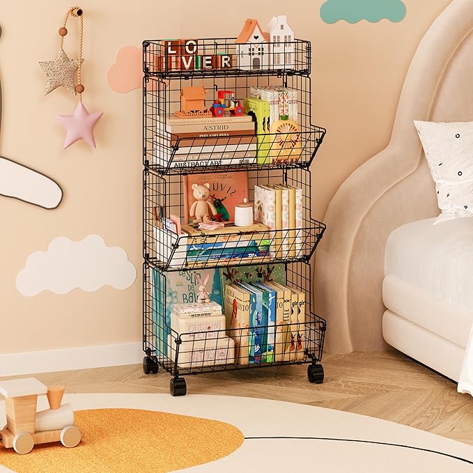 Bath Toy Storage Organizer, 4 Tier Rolling Outdoor Toy Storage, Wire Toy Organizer Kids Bookshelf for Playroom Bedroom (Black, Extra Large)