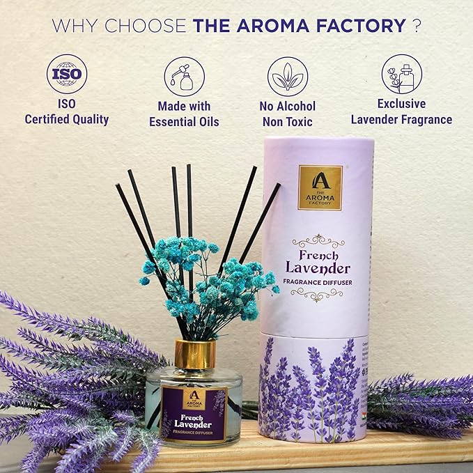 The Aroma Factory Fragrance Reed Diffuser Set with Natural Essential Oil, Aroma Sticks & Real Preserved Flowers | Luxury Home Decor Scent (French Lavender, 1 Pack)