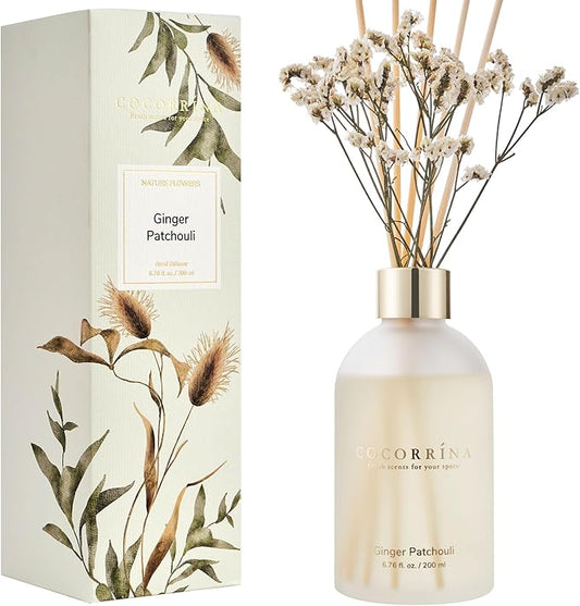 COCORRÍNA Reed Diffuser -Ginger Patchouli 6.76 oz Flower Reed Diffuser Set with 8 Sticks - Home Fragrance Office Bedroom Bathroom Shelf Decor