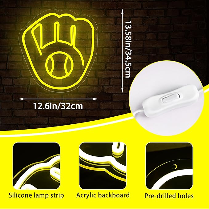 Baseball Neon Sign for Wall Decor Milwa Team Neon Light for Man Cave Brewer Led Sign for Bedroom Birthday Gifts for Baseball Fans 5V USB Powered Size13.5 * 12.6IN(ZYLD265)