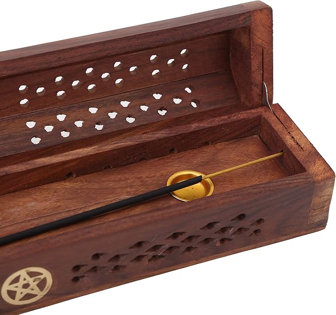 raajsee Beautiful Handmade Wooden Brown Incense Stick Holder Burner Storage Coffin Box - Ash Catcher with Brass Inlay -Home Utilities & Accessories -Meditation -Great Gift for Any Occasion 12x2 inch
