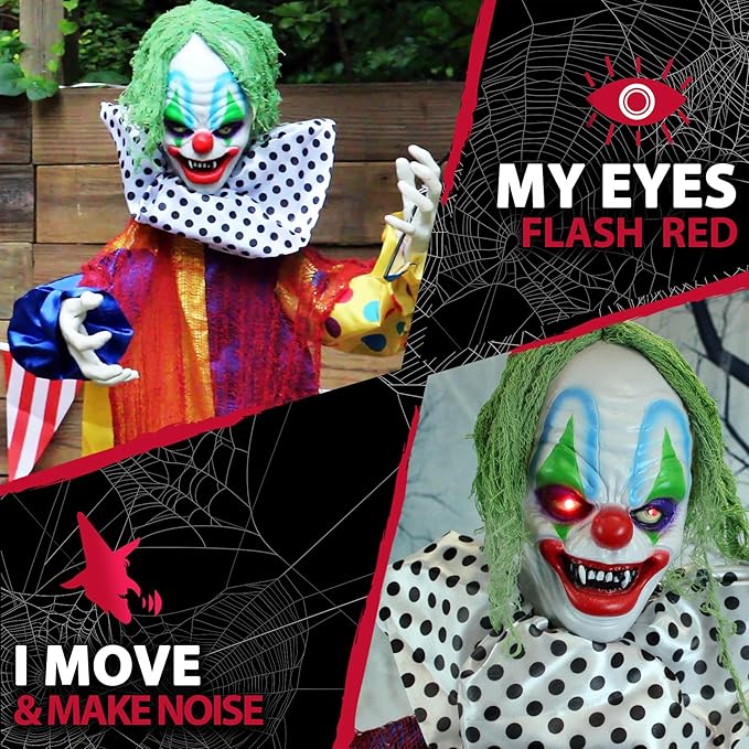 Haunted Hill Farm Life-Size Scary Talking Clown Halloween Animatronic with Motion and Touch Activated Lights and Sounds, Battery Operated Indoor or Covered Outdoor Creepy Halloween Decorations