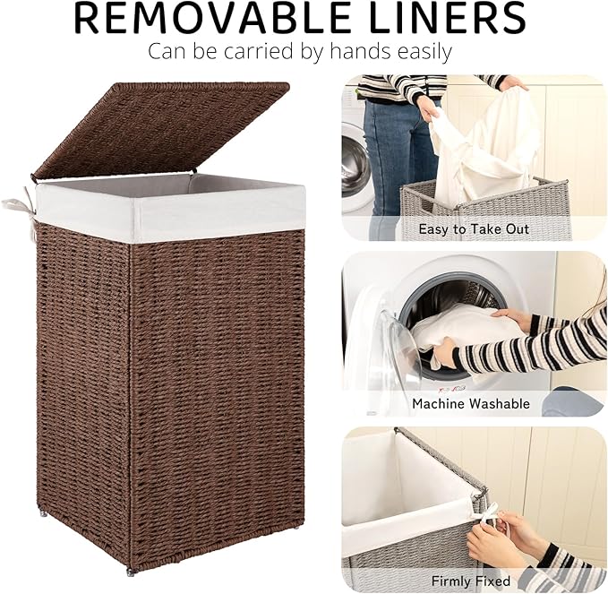 OIAHOMY Laundry Hamper with Lid, 17.2 Gal (65L) Wicker Hamper with Removable Liner Bag, Handwoven Clothes Basket with Handles, Foldable Paper Rope Basket for Laundry Room, Bedroom-Brown