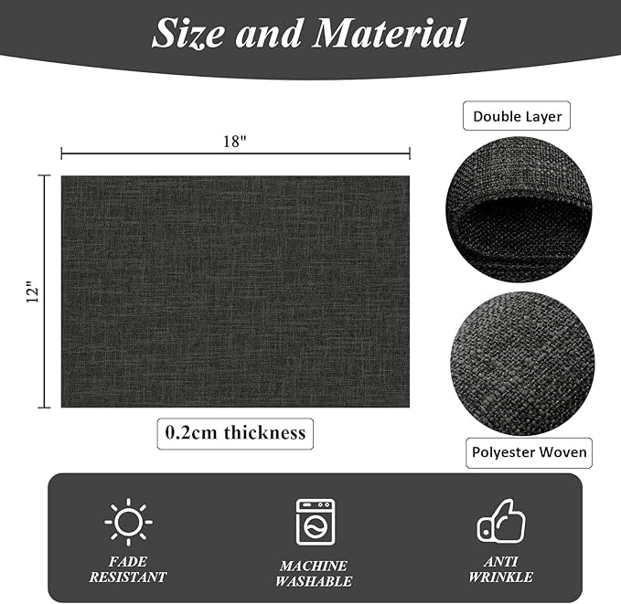 SHACOS Washable Woven Fabric Placemats Set of 6 Heat Resistant Place Mats Non Slip Thick Cloth Placemats Reversible Table Mats Indoor Outdoor Home Wedding Table Decor, Black