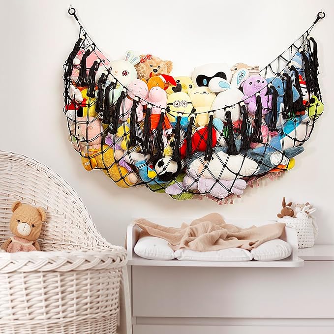 Stuffed Animal Hammock Corner Hanging Net Plush Toy Organizer Macrame Stuffed Animal Storage Display for Teddy Net Corner Toy Net for Bedroom-Black
