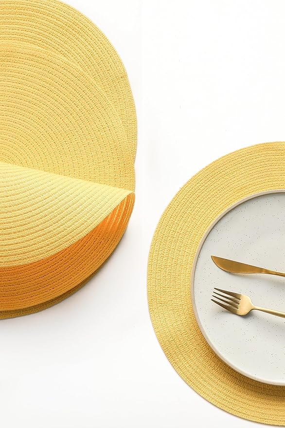 Floroom 15 Inch Round Braided Placemats Set of 6, Washable Heat Resistant Cotton Polyester Circle Place Mats for Kitchen Dining Table - Yellow