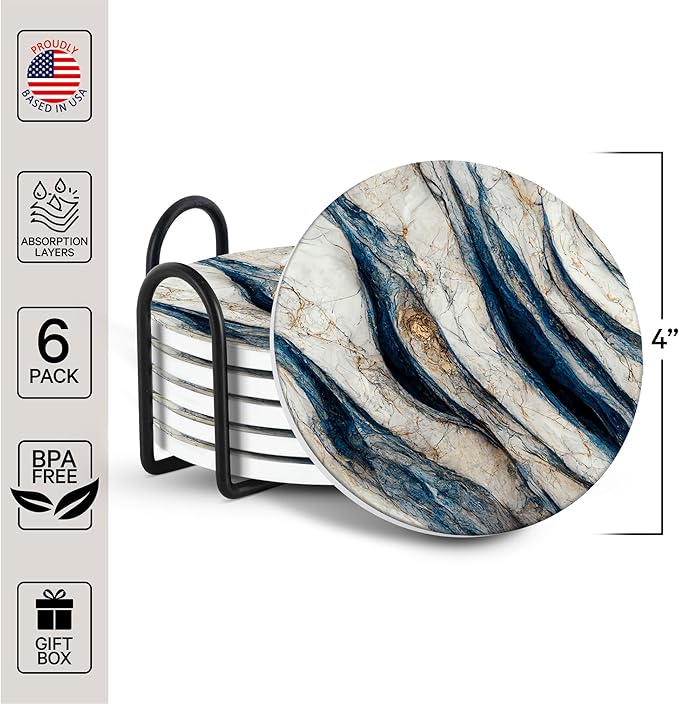 Emerson Coasters for Drinks Absorbent – Set of 6 with Holder, 100% Ceramic Wooden Tabletop Protection Marble Style - Non Slip & Cork Bottom - Heavy Duty (Blue Marble)