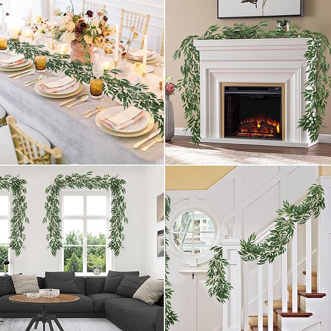 4Pcs Artificial Willow Leaves Vine Twigs 5.7Ft Silk Willows Leaf Ivy Garland Faux Greenery Ivy Plant Decoration for Indoor Outdoor Wedding Jungle Beach Birthday Party Garden Table Spring Summer