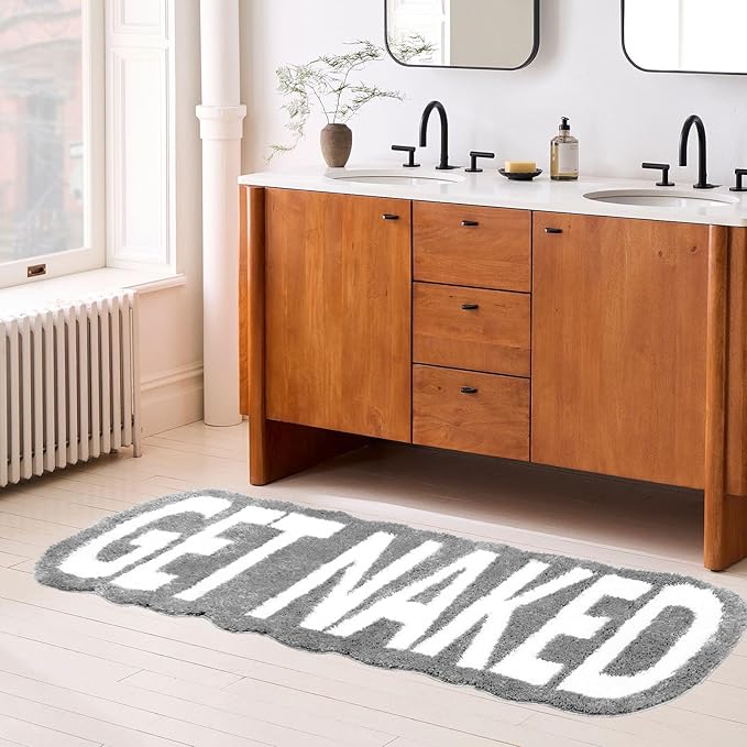 Get Naked Bath Mat Long Bathroom Rug - Super Soft Funny Bath Mat Non Slip Grey Bathroom Decor, Water Absorbent Runner Rugs for Sink Bathtub and Shower Gray 24" x 59"