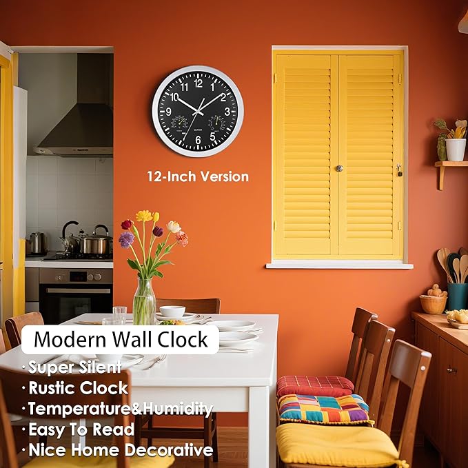 AYRELY® 12 inch Silent Wall Clock with Temperature & Humidity – Battery Operated Decorative Clock for Home, Kitchen, Bedroom (Black, 12 inch)