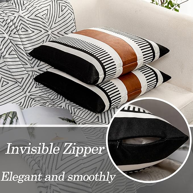 Set of 2 Boho Decor Faux Leather and Cotton Throw Pillow Covers 24x24 Rustic Canvas Cushion Cover Black White Farmhouse Stripe Pillow Case for Sofa Couch Chair Bedroom