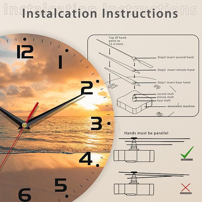 Sunset Beach Wall Clock - Vintage Wooden, Silent Non-Ticking, Battery Operated, Arabic Numerals, Decorative for Kitchen, Office, Classroom - 10 Inch