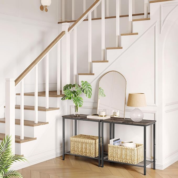 Hoctieon 2 Tier End Table, Sofa Side Table, Narrow Side Table with Storage, Slim Nightstand for Small Spaces, Metal Frame, for Living Room, Bedroom, Sofa Couch, Hall, Grey