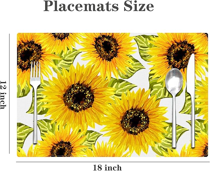 Floral Placemats Set of 4 Sunflower Place Mats Indoor Summer Yellow Linen Table Placemats Washable Wipeable Waterproof Heat Resistant Kitchen Place Mats for Dining Tables, 18 X 12 Inch