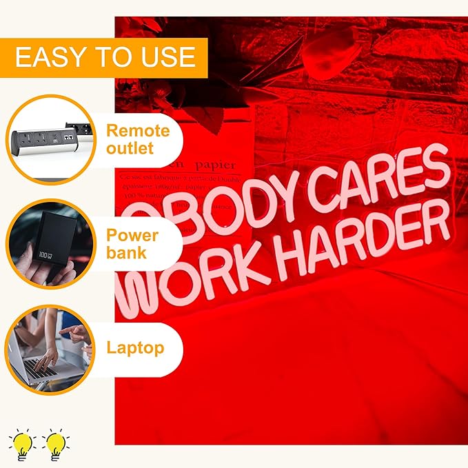Nobody Cares Work Harder Neon Sign, Motivational Neon Light USB Powered Lnspirational LED Neon Light Wall Art, for Office Study Room Or Gym Teen Bedroom Modern Decor(15.7 * 5.1 In)