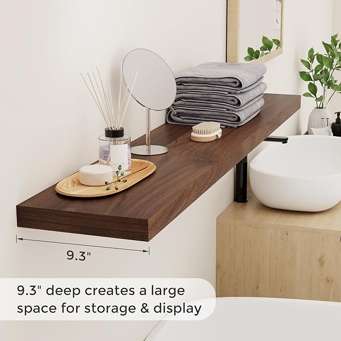55"W x 9"D Floating Shelves Set of 2, 9.3 Inch Deep Floating Shelves Wall Mounted, Wide Wall Shelves Invisible Bracket, Deep Storage Shelves for Living Room, Bathroom, Kitchen, Walnut Color