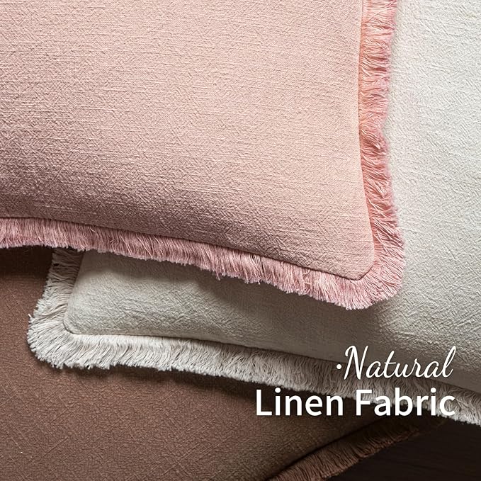 MIULEE Decorative Throw Pillow Covers Neutral Linen Fringe Throw Pillows Set of 2 Pink Boho Farmhouse Cushion Covers with Tassels for Couch Sofa Bed Living Room Spring Home Decor 18x18 Inch