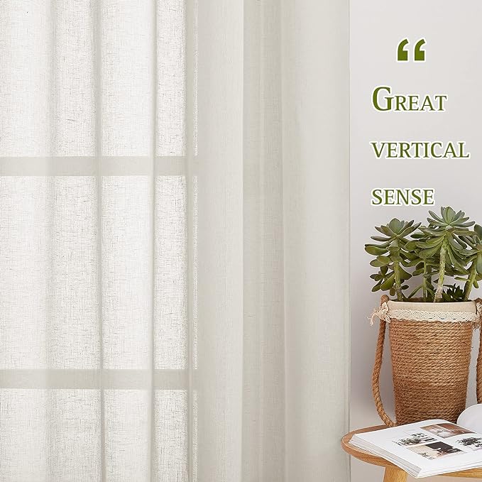 NICETOWN Linen Sheer Curtains 90 inch Length for Living Room, Privacy Semi Sheer Curtains Linen Weave Privacy Drapes with Light Filtering for Bedroom/Hall, Natural, W52 x L90, 1 Pair