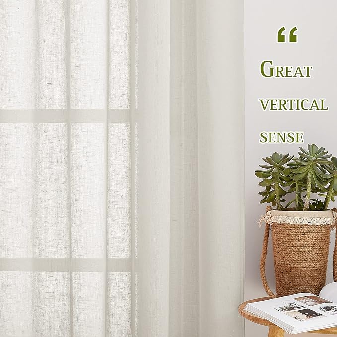 NICETOWN Linen Sheer Curtains 63 inch Length for Bedroom, Grommet Top Linen Blend Semi Sheer Privacy Window Treatment Light Filtering for Living Room, Natural, 52" W x 63" L, Set of 2