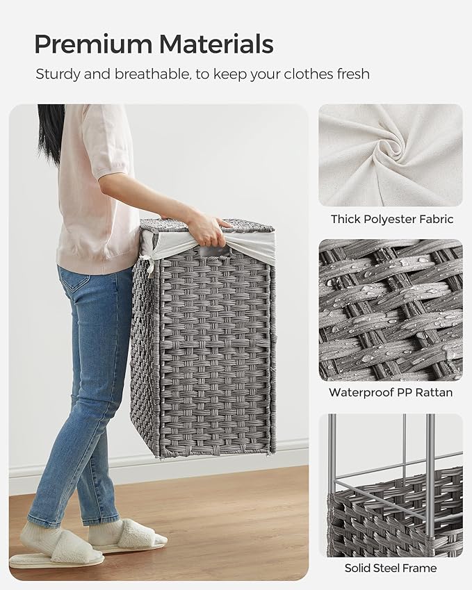 SONGMICS Laundry Hamper with Lid, 42.3 Gallons (160 L), Rolling Laundry Basket with Wheels, 3-Section Synthetic Rattan, Removable Liner, Bedroom, 27.6 x 14.2 x 26 Inches, Gray ULCB365G01