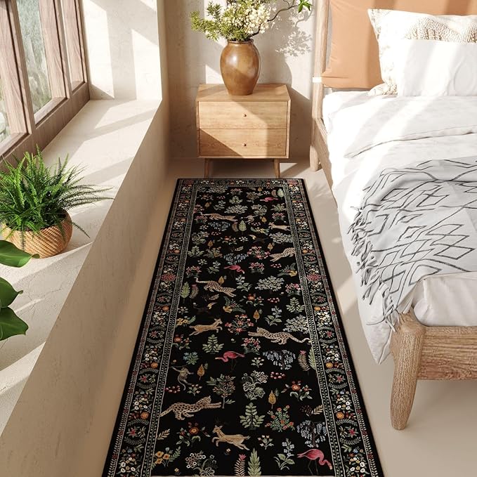 Runner Rug for Kitchen Rug Non Slip 2'6''x8' Washable Rugs with Rubber Backing Soft Floral Animal Carpet Runner for Kitchen, Laundry, Bedroom, Bathroom (Black)