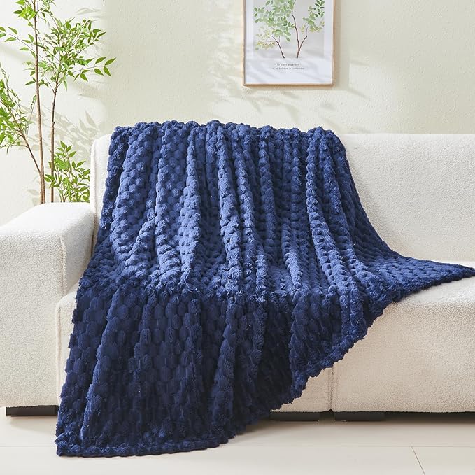 NEWCOSPLAY Super Soft Throw Blanket Dark Navy Premium Silky Flannel Fleece 3D Clouds Stylish Jacquard Lightweight Bed Blanket All Season Use 350GSM (Dark Navy, Throw(50"x60"))