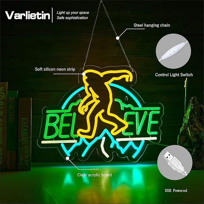 Sasquatch Believe Neon Sign for Wall Decor, Bigfoot Neon Signs LED Lights for Kids Room Decor Bar Game Room Man Cave Gift, USB Powered