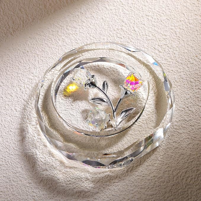 Crystal Clear Rose Bouquet Figurines Glass Flowers with Stems Valentines Anniversary Rose Gifts for Girlfriend Wife, Clear Crystal Rose in Glass Ring Collectible Figurines Forever Roses Decor