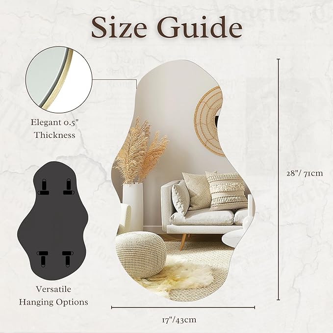 PERFNIQUE Irregular Wall Mirror Asymmetrical Mirror, 28''x17'' Decorative Modern Mirror for Bedroom Bathroom Living Room Entryway, Cloud Frameless Wall Mounted Mirror