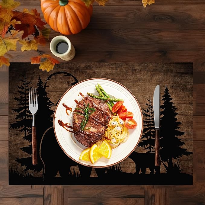 Bear Lodge Placemats Set of 6,Washable Heat Resistant 12×18 Inch Linen Table Mats Farmhouse Wooden Place Mats for Party Outdoor Dining Décor