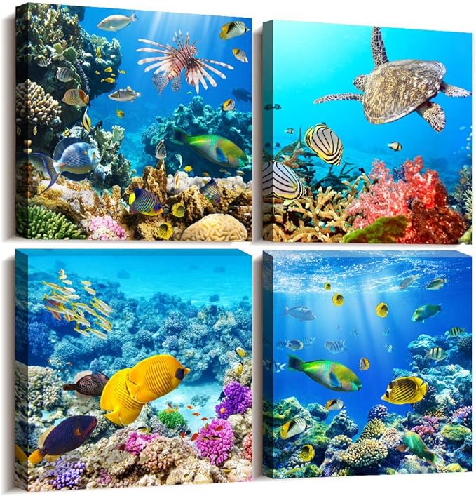 Bathroom Wall Decor Canvas wall art for living room Coral and Fish Modern Home Decor 4 Panels Stretched and Framed Ready to Hang blue Ocean Theme Sea Fish and sea Turtles undersea world Canvas Prints