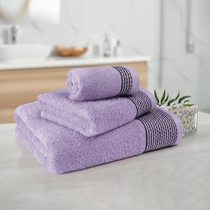 Belizzi Home Ultra Soft 3 Pack Cotton Towel Set, Contains a Bath Towel 28x55 inch, a Hand Towel 16x24 inch & a Wash Coth 12x12 inch, Ideal Everyday use, Compact & Lightweight -Purple
