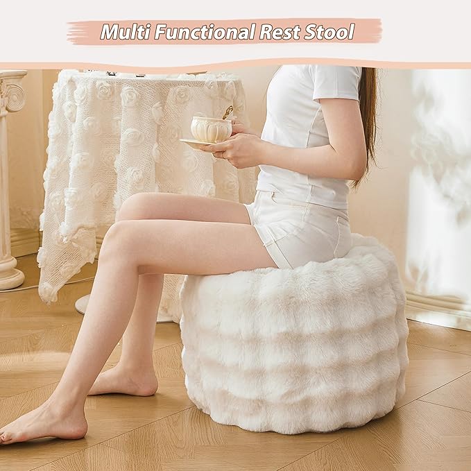 LIFEREVO Faux Rabbit Fur Round Inflatable Pouf Ottoman, 20 X 16 Waffle Bubble Fluffy Fuzzy Floor Poufs Foot Rest for Adults Kids Girls, Furry Pouf Chair Foot Stool Couch Home Decor, Anti-Slip, Beige