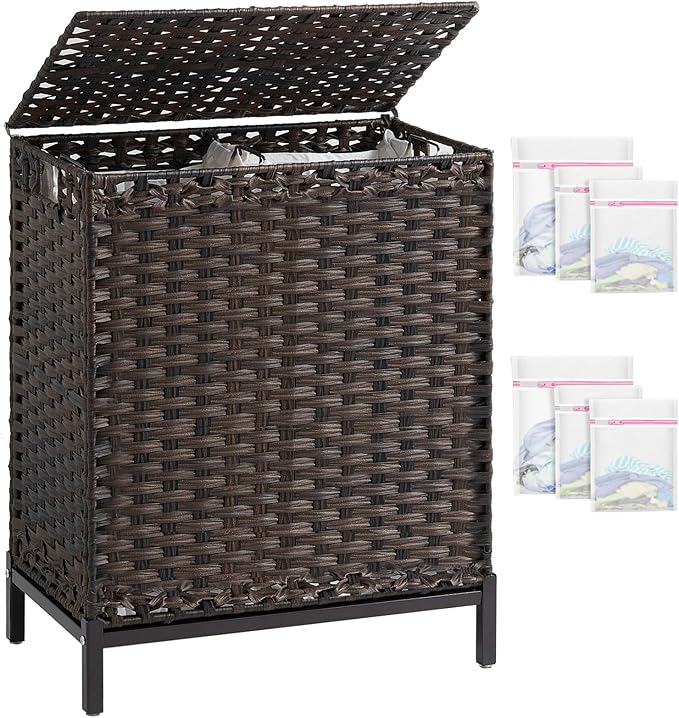 Laundry Hamper with Lid, 112 L Handwoven Rattan Wicker Laundry Basket, 2 Removable Liner Bags Metal Heightened Feet, 6 Mesh Bags, 2 Section Large Clothes Hamper for Bathroom Bedroom, Brown