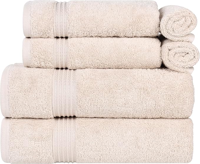 Superior Egyptian Cotton 6-Piece Towel Set, Assorted Towels for Home Bathroom, Master, Guest Bath, Decor Essentials, Includes 2 Bath, 2 Hand, 2 Face Towels/Washcloths, Quick Dry, Absorbent, Stone