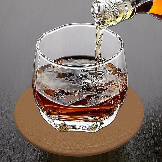 Coasters Set of 6 Soft Leather Drink Coaster Round Coaster with Sewing Around, Suitable for Various Cups, Wooden Tables,Home Decoration,4 Inches(Brown)