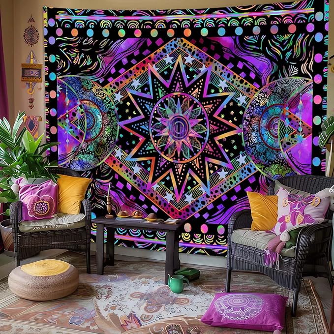 Blacklight Sun and Moon Tapestry Glow in The Dark Neon Hippie Bohemian Tapestries for Bedroom Aesthetic UV Reactive Purple Celestial Tie Dye Tapestry Wall Hanging for Living Room Dorm (40'' × 30'')